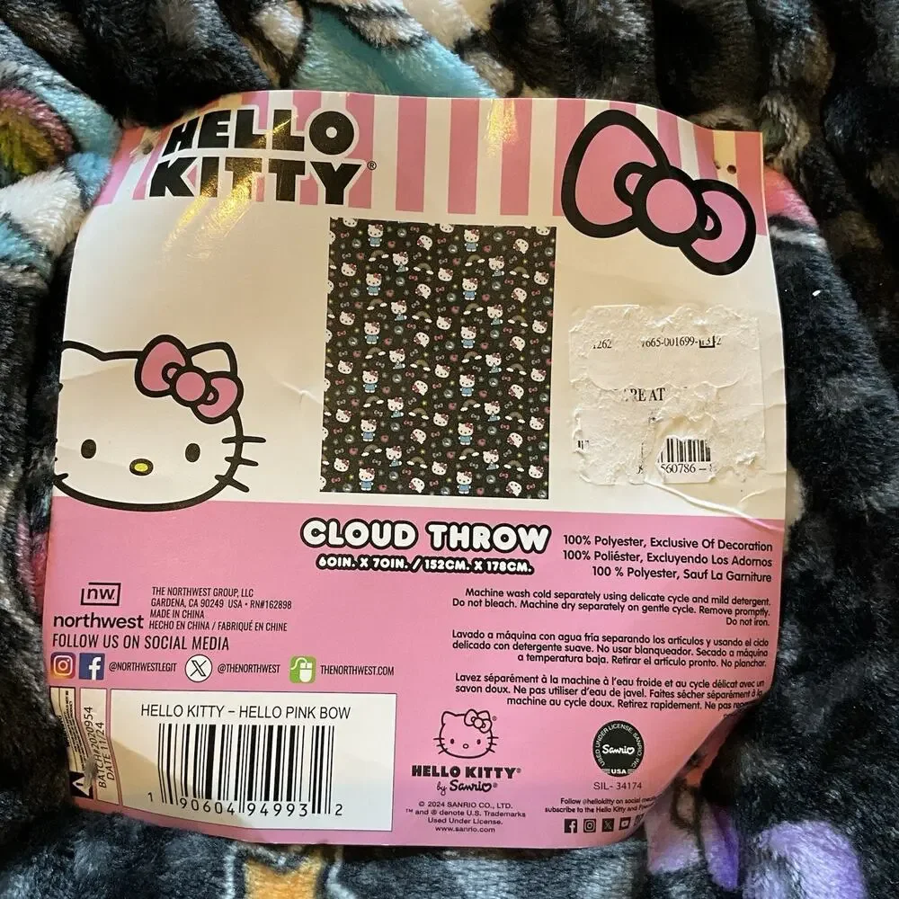 Sanrio Hello Kitty Black Rainbow Cloud Throw - 60 x 70in - NWT